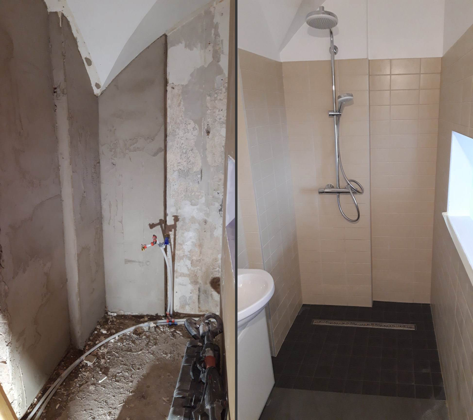 Kalamajas lihuniku ruumi ümberehitamine duširuumiks täislahendusena.